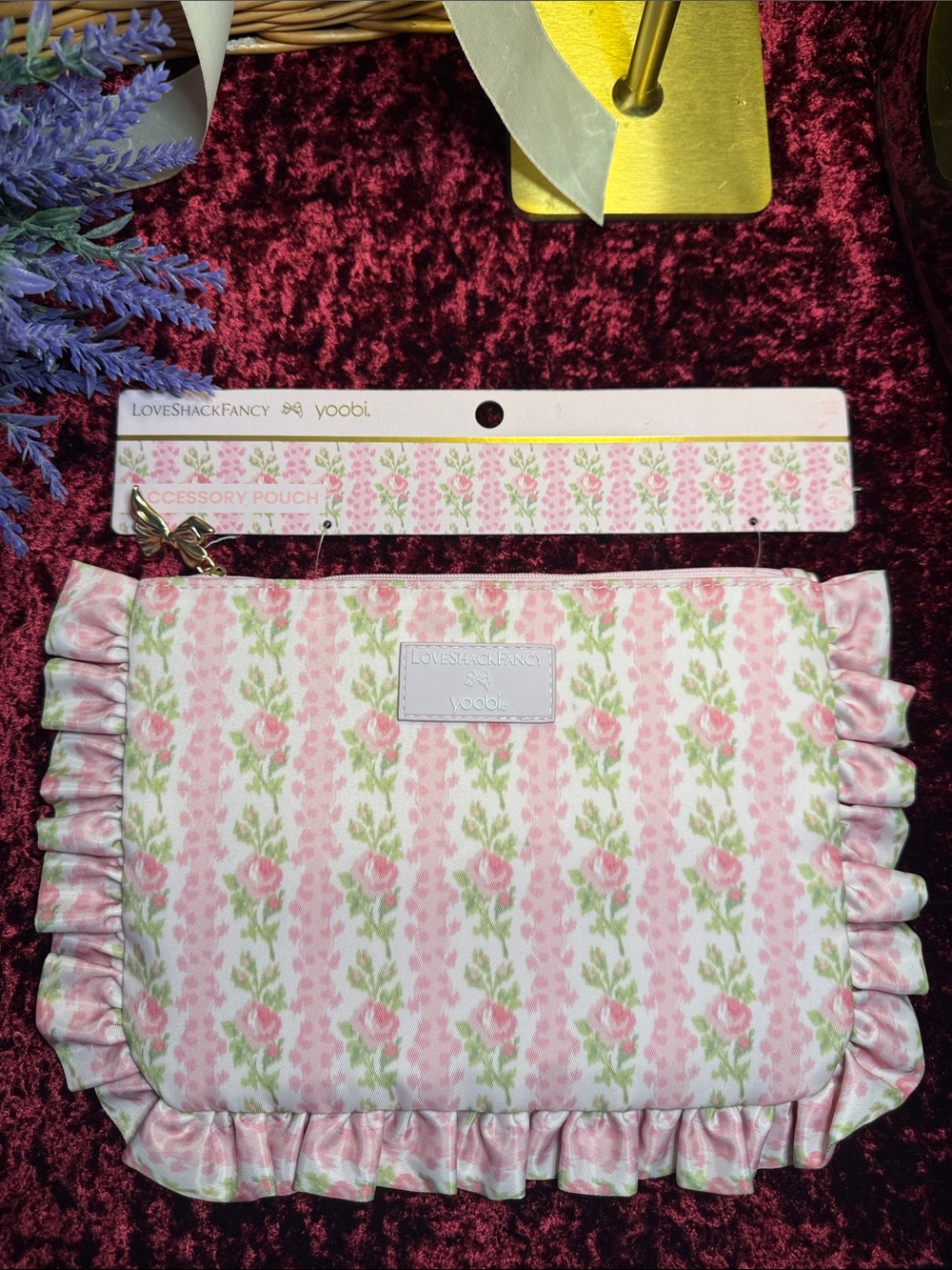 LoveShackFancy Pink Floral Ruffle Accessory Pouch